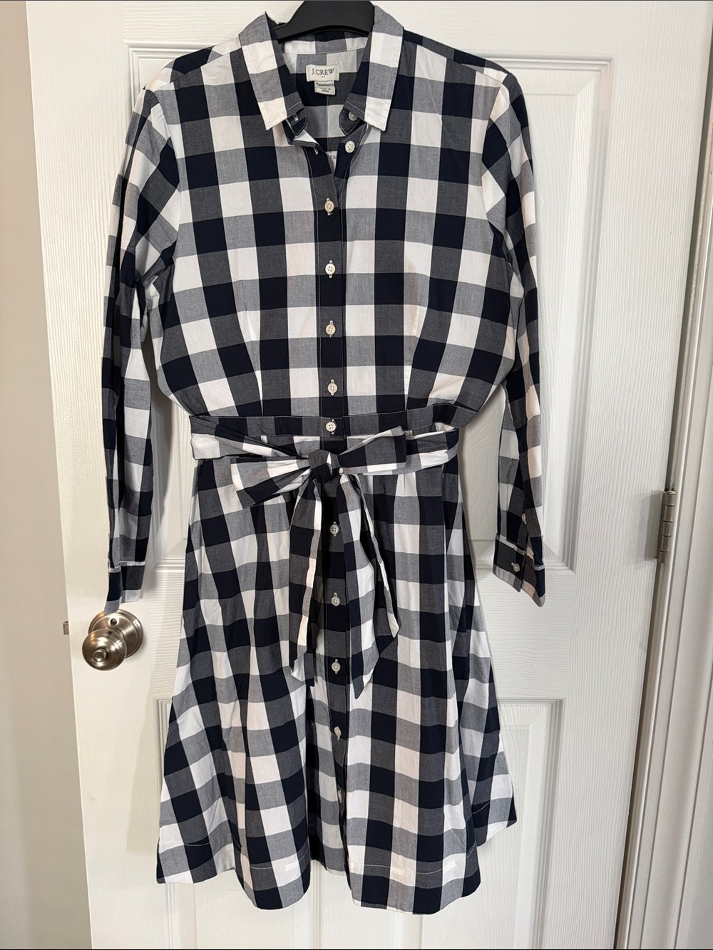 J. Crew Navy and White Gingham Shirt Dress with Waist Tie